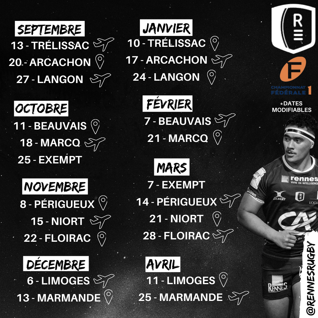 Rennes Rugby Rugby, Fédérale 1, Poule, France, calendrier, Rennes