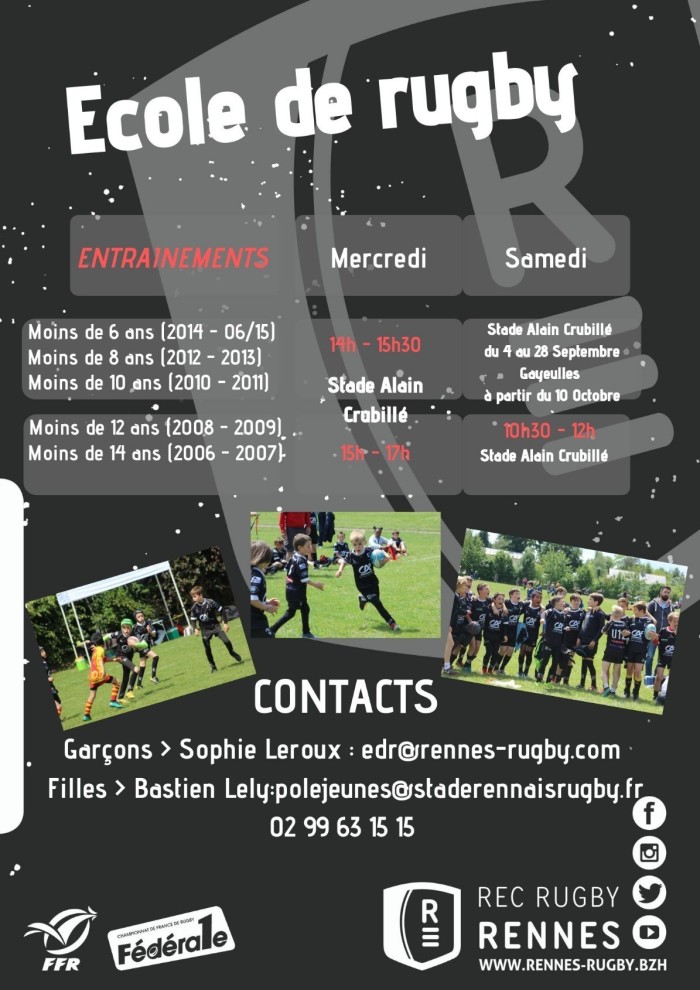 Horaires entrainements école de rugby saison 2019-2020